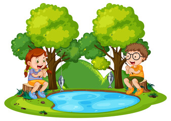 Wall Mural - Happy children fishing in pond