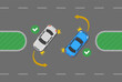 Safety car driving tips and traffic regulation rules. Correct u-turn position on the road. Left turn when there is a median. Flat vector illustration template.