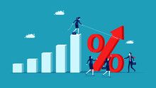  Increase Interest Rates. Business Woman Pulling Up Percentage Icon. Finance And Investment Vector