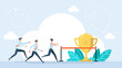 © Yurii - Winner's Cup. Running people. Finish Line. Business People run race crossing finish line ribbon. Team leader finish first. Achieve Goal. Win Concept. Way to Victory. Leadership. Vector Illustration