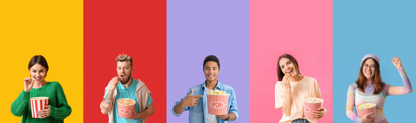 Group of young people with crunchy popcorn on colorful background with space for text