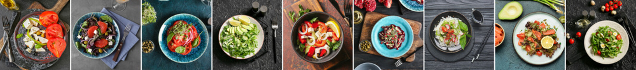 Set of tasty salads with vegetables on dark background, top view