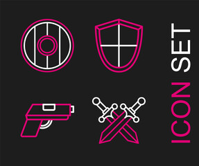 Sticker - Set line Crossed medieval sword, Pistol gun, Shield and Round wooden shield icon. Vector