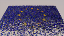 A Crowd Of People Coming Together To Form The Flag Of Europe. European Banner On White.