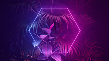 Futuristic Background Design. Tropical Leaves With Blue And Pink, Hexagon Shaped Neon Frame.