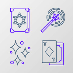 Poster - Set line Playing cards, Sparkle stars with magical glitter, Magic wand and Ancient book icon. Vector