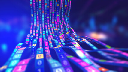 Fototapete - Binary code wave information. Data flow, stream and business analytics. Big data in global cyberspace. Block chain 3D illustration