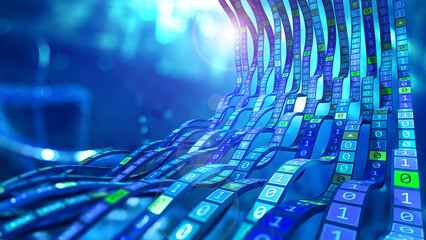 Fototapete - Binary code wave information. Data flow, stream and business analytics. Big data in global cyberspace. Block chain 3D illustration