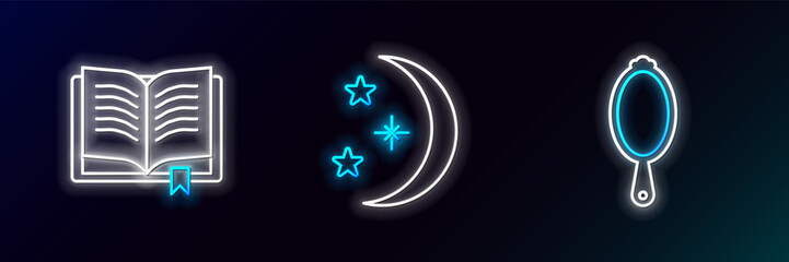 Wall Mural - Set line Magic hand mirror, Ancient magic book and Moon stars icon. Glowing neon. Vector