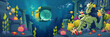 Underwater sea landscape with submarine, fish, corals, marine plants and animals, marble columns and fragment of Neptune statue. Vector cartoon illustration of tropical ocean scene with bathyscaphe
