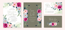 Wedding Invitation Set With Green Pink Watercolor Floral