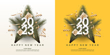 Happy New Year 2023 On Star Pine Decoration Background