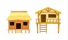 Set Of Wooden Beach Hut. Summer Vacation Concept Cartoon Vector Illustration