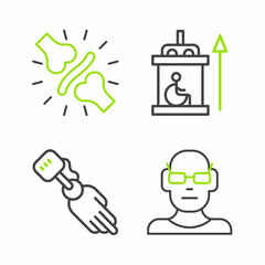 Sticker - Set line Poor eyesight, Prosthesis hand, Elevator for disabled and Joint pain, knee pain icon. Vector