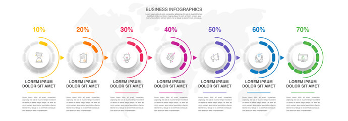 Business vector infographics with 7 circles and arrows. Timeline visualization with seven steps for diagram, flowchart, banner, presentations, web, content, levels, chart, graphic