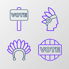 Sticker - Set line Vote, Indian headdress with feathers, Native American and icon. Vector