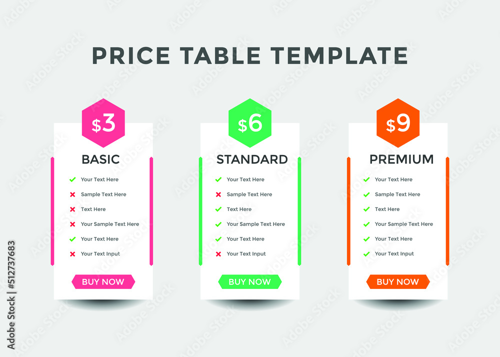 Colorful comparison pricing template. Pricing or subscription plan ...
