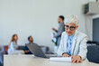 © bnenin - Businesswoman working at the co-working space while other colleagues resting in the background.