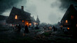© catalin - Hunted Village dark and foggy, dark village with heavy fog Halloween concept design, horror scary atmosphere of medieval style village during the black plague death  3d rendering