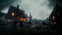 Hunted Village Dark And Foggy, Dark Village With Heavy Fog Halloween Concept Design, Horror Scary Atmosphere Of Medieval Style Village During The Black Plague Death  3d Rendering