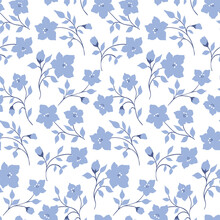 Seamless Floral Pattern With Thin Blue Branches In A Rustic Style. Romantic Ditsy Print, Botanical Background With Small Hand Drawn Flowers, Leaves On Twigs. Vector Illustration.