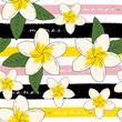 Frangipani, Tiare, Monoi Tropical Flower Seamless Background with Text - Monoi in Thaithian for Summer Sticker, Print, Card, Poster, Eco Bag and Garment.
