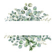 Eucalyptus flower border. Watercolor illustration isolated on white. Greenery clipart for wedding invitation, greeting cards, decoration, stationery design. Hand drawn green herbs
