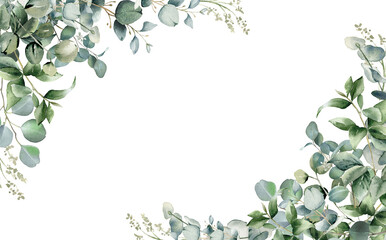 eucalyptus leaves border. watercolor illustration isolated on white. greenery clipart for wedding in