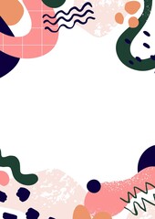 Fototapete - Abstract elements pattern on white background. Modern card design with trendy shapes, waves, grid. Vertical banner with random creative forms, fluid strokes, blobs. Colored flat vector illustration