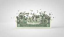 One Dollar Bill Breaking Into Pieces. Inflation And Recession Concept. 3D Rendering