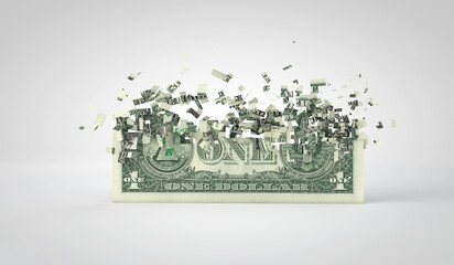 One dollar bill breaking into pieces. Inflation and recession concept. 3D Rendering