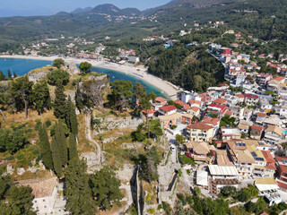 Wall Mural - Drone view at the touristic village of Parga in Greece