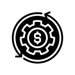 Poster - Money management black glyph icon. Achieve financial success. Cash transformation. Budget planning. Payment collection. Silhouette symbol on white space. Solid pictogram. Vector isolated illustration