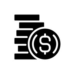 Sticker - Coins black glyph icon. Cash form. Piece of valuable metal. Foreign exchange. Disc shaped money. Special penny design. Silhouette symbol on white space. Solid pictogram. Vector isolated illustration