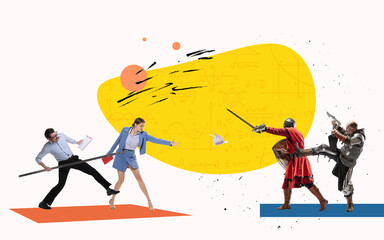 Contemporary artwork. Battle between modern office workers and medieval knights wearing armored clothes isolated on colored abstract background with pencil sketches.