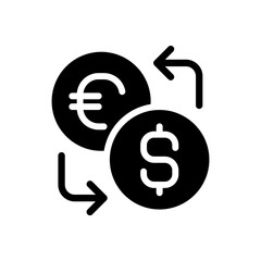 Poster - Currency exchange black glyph icon. Foreign cash. Currency converter. Global trade market. Spend money in new country. Silhouette symbol on white space. Solid pictogram. Vector isolated illustration