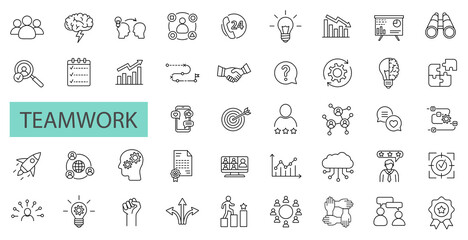 Wall Mural - Set of 42 business teamwork icons, team building, work group and human resources. Outline icons collection. Line style - vector illustration