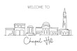 Single continuous line drawing of Chapel Hill city skyline, North Carolina. Famous city for wall decor print. World travel concept. Editable stroke modern one line draw design vector illustration