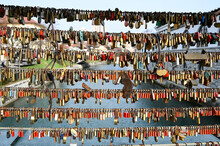 Symbol Of Love. Padlocks Attached To A Bridge. Romantic Locks Symbolizing Love Forever On The Steel Fence. Locked Padlocks Symbolize Unbreakable Love.