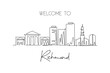 One single line drawing of Richmond city skyline, Virginia. Historical town landscape in the world. Best holiday destination. Editable stroke trendy continuous line draw design vector illustration