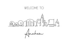 One Continuous Line Drawing Of Anaheim City Skyline, California. Beautiful Landmark. World Landscape Tourism Travel Home Wall Decor Poster Print. Stylish Single Line Draw Design Vector Illustration