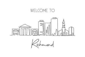 Wall Mural - One single line drawing of Richmond city skyline, Virginia. Historical town landscape in the world. Best holiday destination. Editable stroke trendy continuous line draw design vector illustration