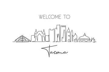 Canvas Print - Single continuous line drawing of Tacoma city skyline, Washington. Famous city scraper landscape. World travel home wall decor art poster print concept. Modern one line draw design vector illustration