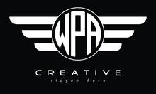 WPA Three Letter Circle With Wings Logo Design Vector Template. Wordmark Logo | Emblem Logo | Monogram Logo | Initial Letter Logo | Typography Logo | Business Logo | Minimalist Logo |	