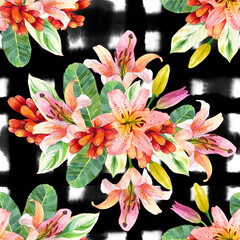 Lilies bouquet watercolor seamless pattern. Pink flowers, buds on grunge black ink smudges background. Tiger lilium stargazer with green foliage. Botanic wrapping paper, wallpaper design