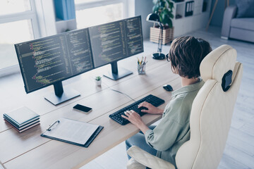 Back view photo of cool representative web-designer girl working hard on new project on office workstation