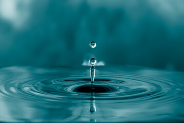 Blue water droplet hits the water surface creating a beautiful pattern of water ripples reflection background.