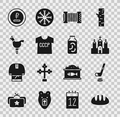 Wall Mural - Set Bread loaf, Ice hockey stick and puck, Church building, Accordion, USSR t-shirt, Cockerel lollipop, Rouble, ruble currency and Pickled cucumbers jar icon. Vector