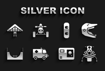 Sticker - Set Ambulance and emergency car, Motocross motorcycle helmet, Snowmobile, Action extreme camera, Skate park, Snowboard, Hang glider and ATV icon. Vector