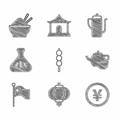 Wall Mural - Set Meatballs on wooden stick, Chinese paper lantern, Yuan currency, tea ceremony, China flag flagpole, Dumpling, and Rice bowl with chopstick icon. Vector